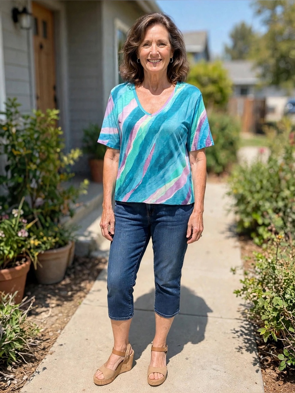 🔥2/$5 Chico's Teal V-Neck Short Sleeve Top with Mint, Pink & Purple Waves